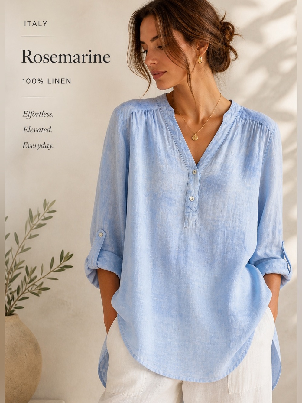 Italian Linen Tunic Blouse Blue | Rosemarine Minimal Coastal Boho | Relaxed Fit